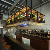 Industrial Style Wall Mounted Iron Wine Rack with Glass Holder and Hanging Light for Bar Counter