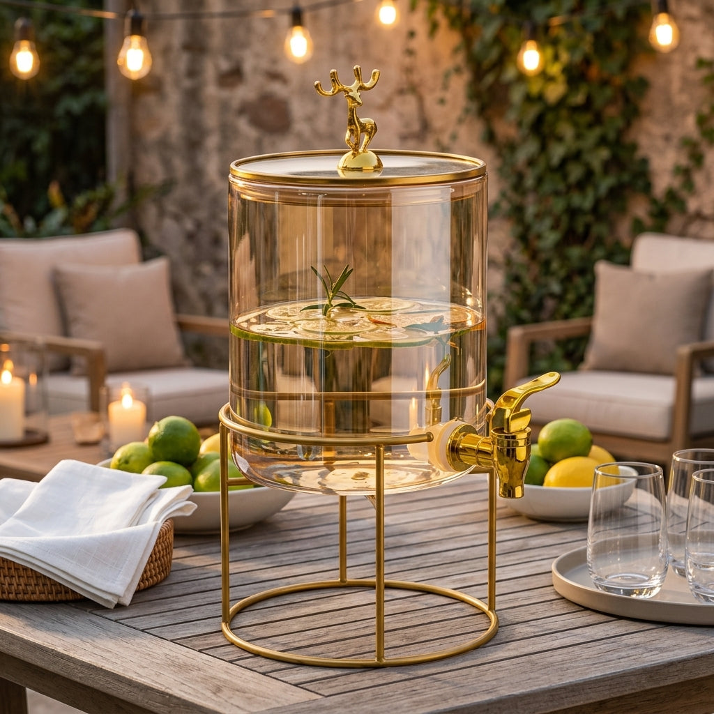 Glass Water Dispenser with Deer Head Lid, 2.6L High Borosilicate Juice Dispenser, Drink Dispenser with Bamboo Handle for Home Bar and Party Use