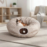 Built-in Toy Feline Tunnel Bed Soft Textile Collapsible Feline Play Tunnel Removable Cushion Pet Supplies for Cats, Kittens, Indoor