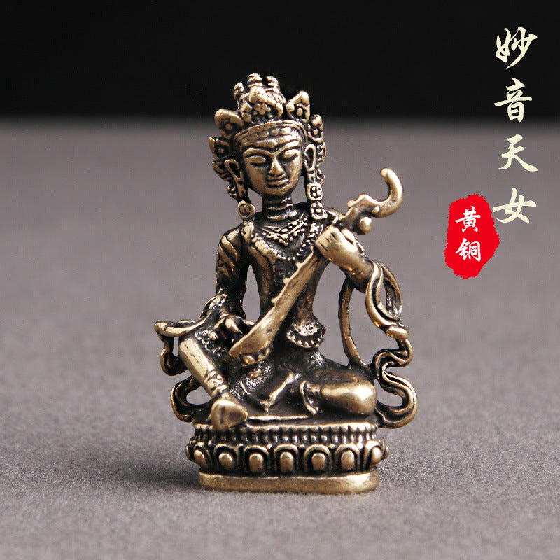 Vintage Brass Saraswati Keychain Pendant - Pipa Playing Goddess for Good Fortune