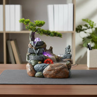 Ideal Gift Circulating Water Desk Feature Miniature Landscape Rockery Waterfall Fountain Air Humidifier LED Rockery Water Fountain Hand-Painted for Business Owners, Office, Living Room, Entryway