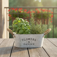 Whitewashed Oval Planter with Handles Galvanized Planter with Rope Handles Decorative Metal Flower Container Multipurpose for Windowsill