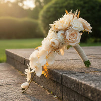 Cascading Bridal Bouquet Wrapped Stem Matching Wedding Flower Set Cream-White Wrist Corsage Boutonniere Set for Brides, Party, Gift