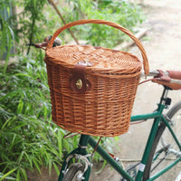 Hand-Woven Wicker Bicycle Basket with Lid - Front Handlebar Storage for Bikes