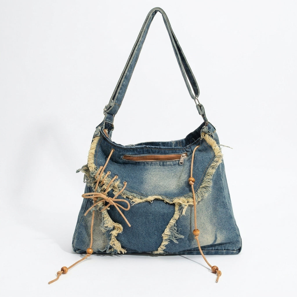 Travel Bag and Shoulder Bag for Daily Use, Versatile Work Bag with Crossbody Style, Denim Bags for Women with Patchwork, Single Shoulder Strap