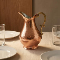 Artisanal Decorative Turkish Pitcher Curved Handle Metal Water Pitcher Flared Spout Table Accessory Wide Rounded Body