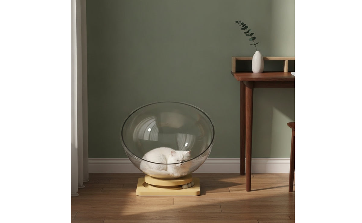 Cat Capsule Transparent Cat Bed with Wooden Base Pet Bed with Wooden Frame Holder Clear Capsule Dome Cover Semi-Enclosed