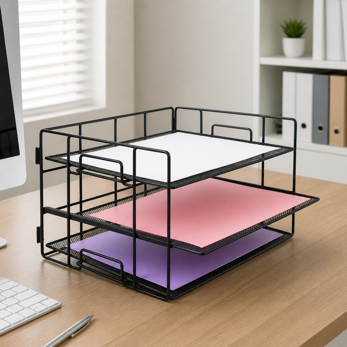 Black Metal Desktop Organiser, Foldable Desktop Organiser for Documents, 45x32x32cm Desk File Rack, Multi-Tier Office Document Holder