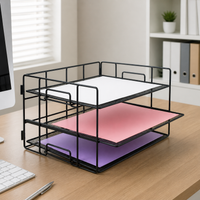 Black Metal Desktop Organiser, Foldable Desktop Organiser for Documents, 45x32x32cm Desk File Rack, Multi-Tier Office Document Holder