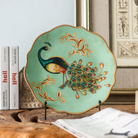 Vintage American Ceramic Peacock Decorative Plate with Iron Stand for Living Room Entryway Home Decor