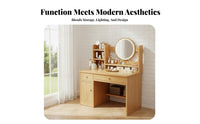 Minimalist Design Dressing Desk with Round Mirror Includes Matching Stool Vanity Set with Lighted Mirror Built-in Storage Makeup Table Rounded Corners for Women, Young Adults, Teenagers, Apartment