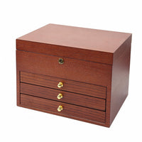 Rosewood Grain Wooden Jewelry Box Lock and Key Lockable Jewelry Box Gold-Tone Pulls Home Storage Hinged Lid