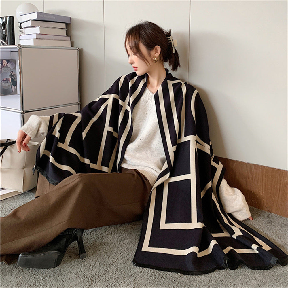 Korean Style Imitation Cashmere Warm Scarf for Women, Thick Double-Sided Student Neck Warmer with Tassels, Dual-Use Shawl