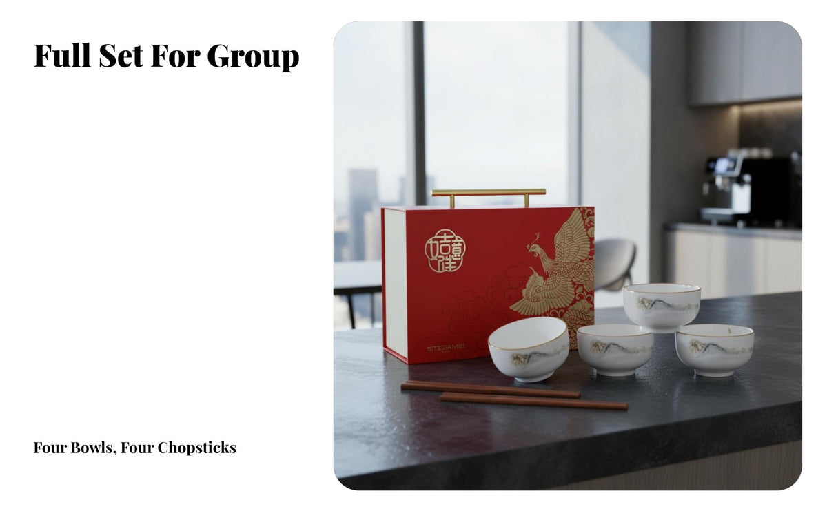 Gift Box Ceramic Bowl and Chopstick Set, Auspicious Theme, Custom Insignia, Festive Business Gift