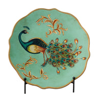 Vintage American Ceramic Peacock Decorative Plate with Iron Stand for Living Room Entryway Home Decor