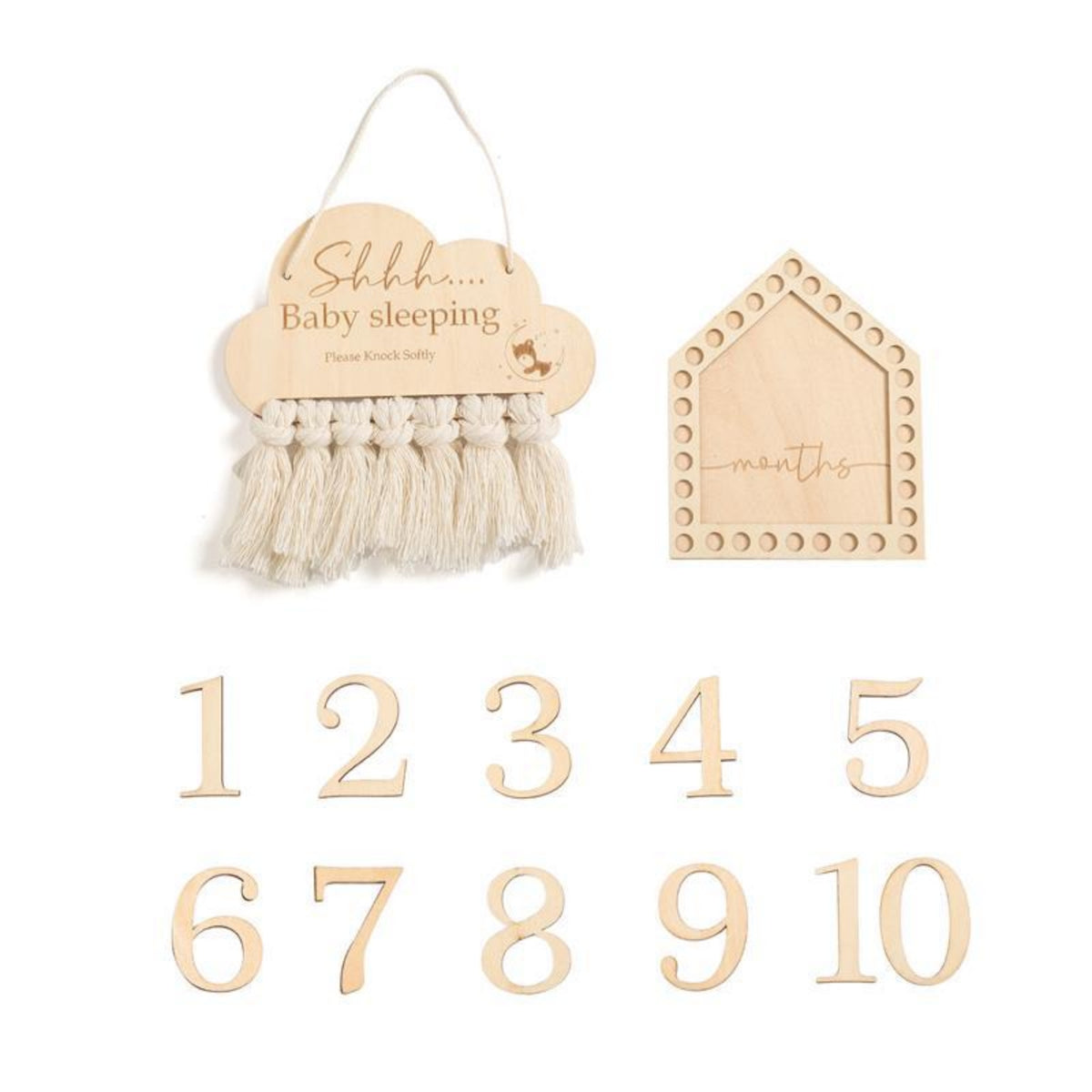 Baby Milestone Board with Numbers Wooden Nursery Hanging Sign Sleeping Reminder Plaque with Tassel Engraved puffShaped
