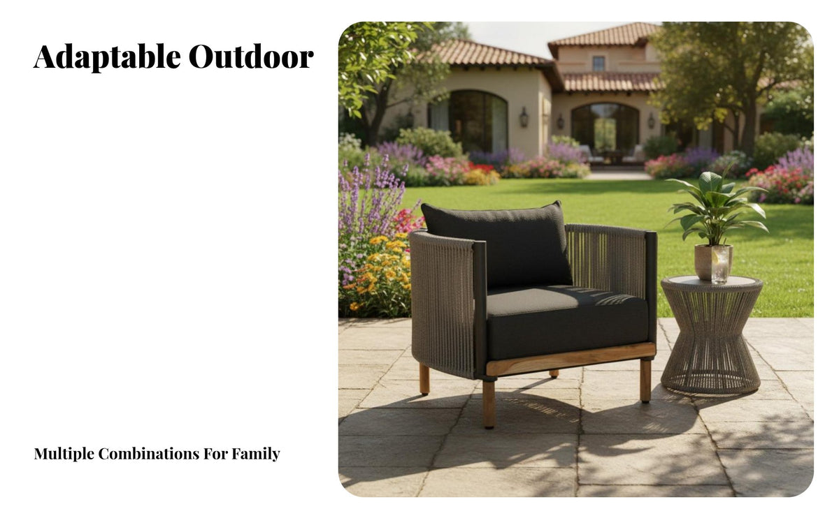 sturdy Wood Frame Woven Armchair All-Weather Design paded Armchair and Table Set Thick pads Patio Seating Modern Minimalist aesthetic for Villa Residents, Garden lovers, Balcony, Sunroom, rearyard, Waterside