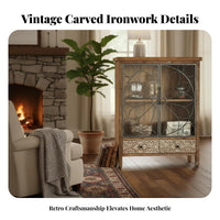 Multi-Functional Carved Door Storage Cabinet Metal Frame Accents Rustic Carved Wood Cabinet Farmhouse Accent Chest for Guesthouse Owners, Interior Decorators, Apartment Dwellers, Dining Room, Bedroom, Entryway, Hallway