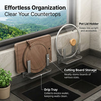 Cabinet Wall Mount Rack for Lid Storage and Pot Organizer, Aluminium Kitchen with Drainage Tray for Countertop