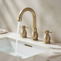 Lavatory Faucet with Gooseneck Spout All-Copper Three-Hole Faucet Double-Handle Tap for Homeowners, Washbasin