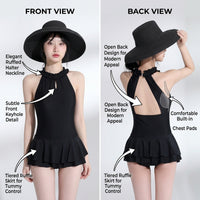 Swimsuit for Women with Stylish Backless Design and Skirted Control, Padded One-Piece in Polyester for Water Sports