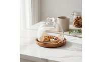 Acacia Wood Serving Plate with Glass Dome Dustproof Wood Base Dessert Dome Wooden Base Cover Jar Finely Polished for Parties