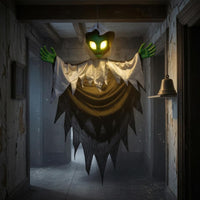 Halloween Hanging Alien Decoration Green Face Sound-Activated Hanging Prop Hooded Ghost Figure Glowing Eyes Spooky Ghost Prop