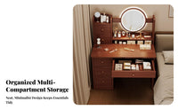 Minimalist Design Dressing Desk with Round Mirror Includes Matching Stool Vanity Set with Lighted Mirror Built-in Storage Makeup Table Rounded Corners for Women, Young Adults, Teenagers, Apartment