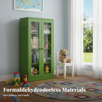 Formaldehyde-Devoid of 2-Door Glass Cabinet Dust-Proof Multi-Tier Glass Showcase Vintage Design Bookshelf Rounded Corners for Homeowners, Collectors, Hobbyists, Kid's Room, Bedroom, Study, Home Office