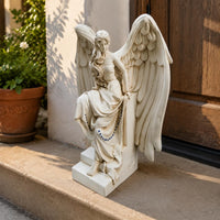 Seated Angel Figurine Antique Vintage-Look Pale Figure Statue Stepped Base Home Decor for Outdoor