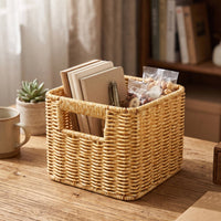 Faux Rattan Basket Handwoven Woven Storage Basket Woven Organizer Bin Compact Natural-Style for Desk, Shelf