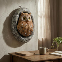 Feather-Textured Owl Wall Hanging Bark-Like Frame Resin Owl Ornament 3D Carved Details for Garden, Courtyard