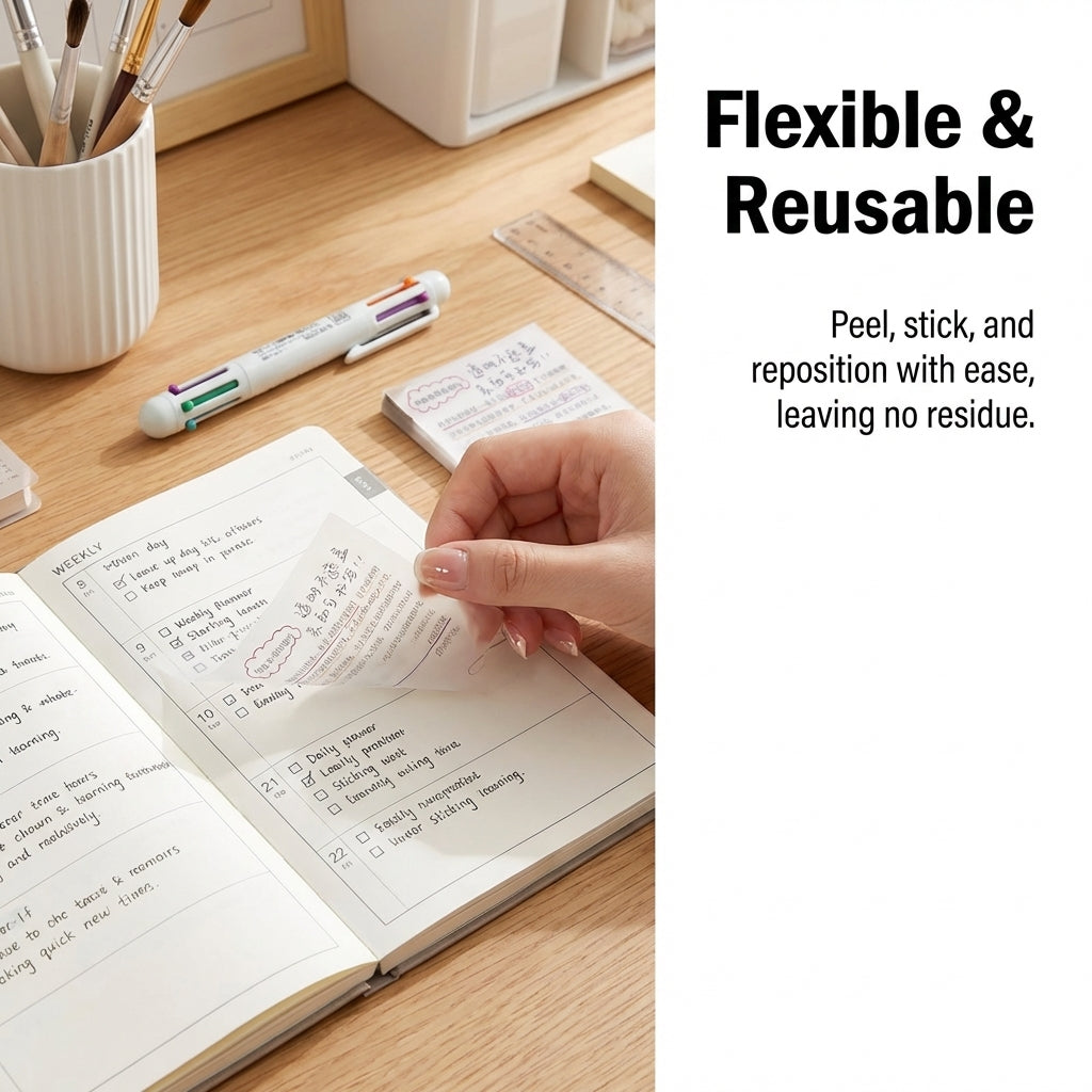 Sticky Notes Transparent Glitter Film Self Pads for Studying Planners, Translucent Taking Stickers, PET Material Removable See Through, 50 Sheets per