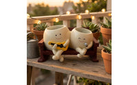 Smiling Faces Rocking Chair Planter Wooden Base Cartoon Plant Pot Set Cute Design Grinning Flower Pot Wood-Grain