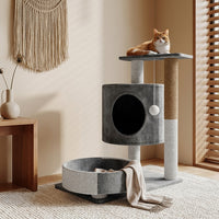 Cat Activity Center with House and Hammock, 2-Level Simple Style Perch featuring Scratching Board, Compact 55cm Height for Indoor Kitten Play