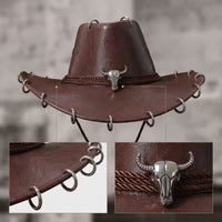 Cowboy Hat with Skull Ornament Western Cowboy Hat with Chin Cord Textured Adjustable for Men, Festivals, Costume Parties