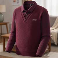 Men's Faux Two-Piece Shirt Collar Sweater with Fleece Lining, Thickened Warm Knitted Base Layer