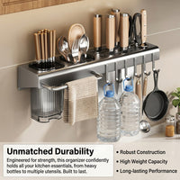Cutlery Organizer Made of Carbon Steel for Countertop or Wall Mounted Use, Kitchen with Hooks and Towel Bar for Chefs