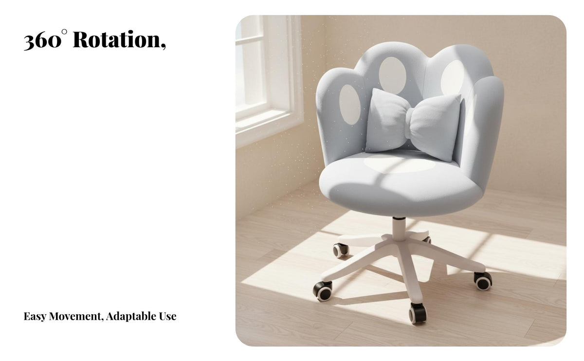 Height Adjustable Upholstered Rolling Chair 360-Degree Swivel Upholstered Shell-Back Rolling Chair Cute Petal Design Vanity Stool Ergonomic Backrest for Women, Students, Teens, Bedroom, Dorm Room