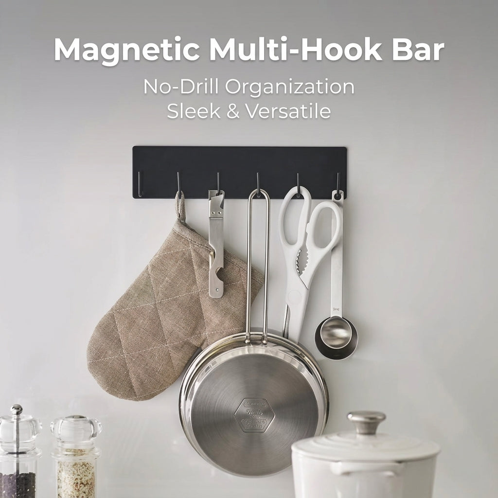Hook Rack for Refrigerator Storage, No Drill Towel for Kitchen and Dorm Room Students, Modern Multi-Hook Organizer for Bathroom and Home