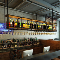 Industrial Style Wall Mounted Iron Wine Rack with Glass Holder and Hanging Light for Bar Counter