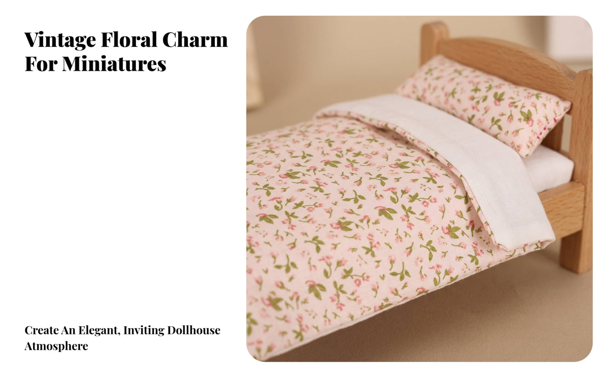 3 Pieces Floral Miniature Bedding Set | Neat Sewn Construction, Dollhouse Quilt with Pillows