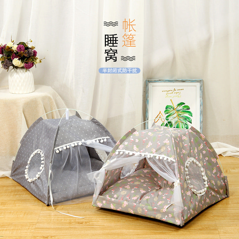 Summer Pet Tent Bed with Cooling Mat for Cats and Small Dogs, Foldable Mosquito-Proof Pet Sleeping Nest