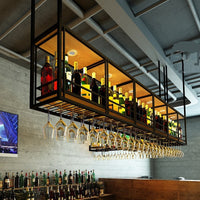 Industrial Style Wall Mounted Iron Wine Rack with Glass Holder and Hanging Light for Bar Counter