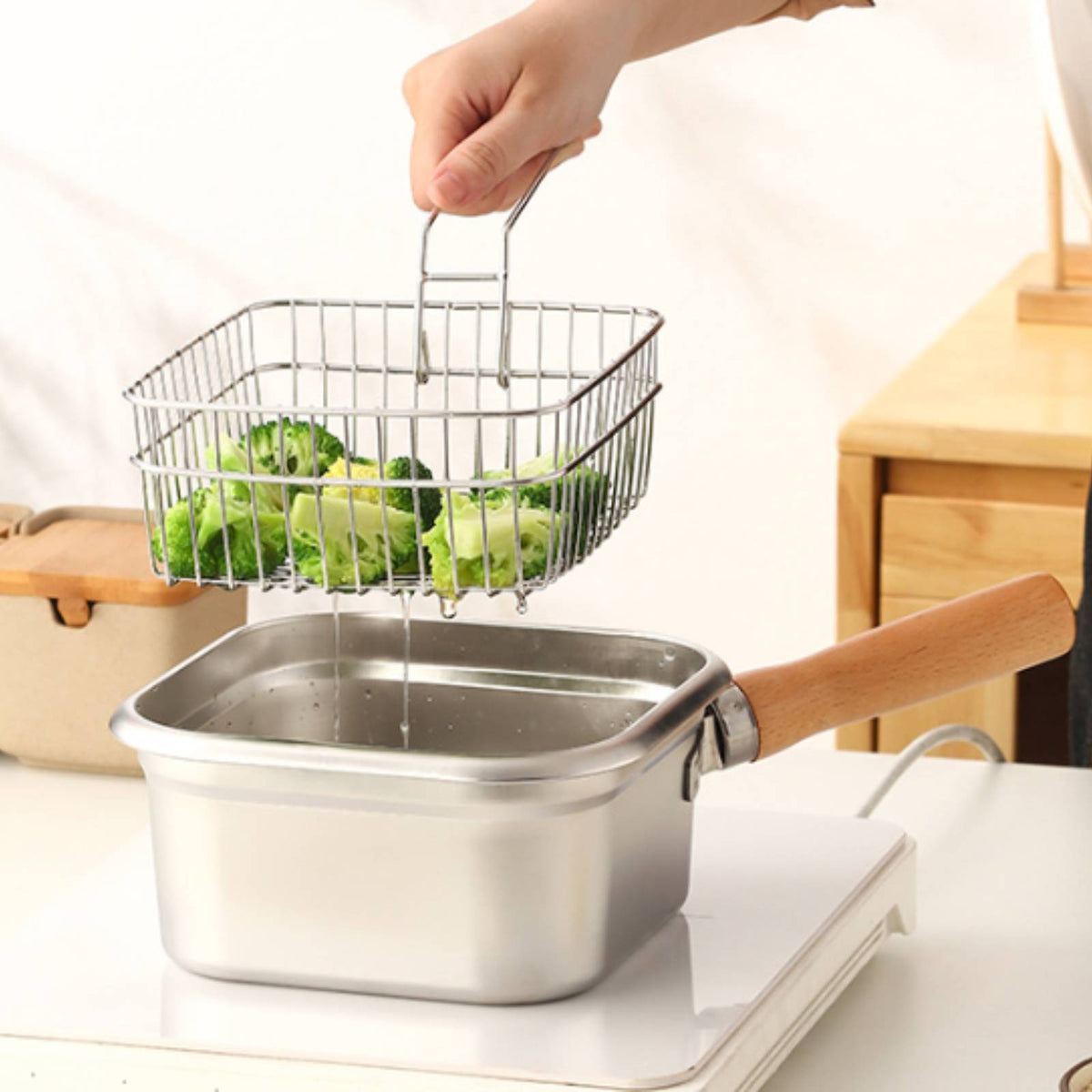 Square Stainless Steel Frying Pot Rounded Corners Frying Basket Set