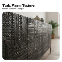 Wooden Sideboard Cabinet Versatile Use Carved Wood Cabinet 3D Textured Surface Teak Wood Console for Homeowners, Art Lovers, Bedroom, Hallway