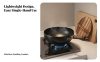 Flat Bottom Wok Even Cooking Chinese Stir Fry Skillet Traditional Chinese Pan Crafted by Hand Cast Iron Wok Ergonomic Wood