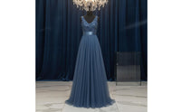Embroidered Tulle Gown Flowy V-Shaped Neckline long Dress Waist Sleeveless Evening Gown for Wedding
