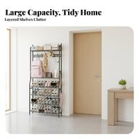 Space-Saving Design Multi-Tier Shoe Shelf with Hooks Large Capacity Shoe and Coat Rack Stable Structure Entryway Stand with Hooks Sturdy Construction for Apartment Dwellers, Homeowners, Hallway, Behind the Door, Mudroom, Dorm Room