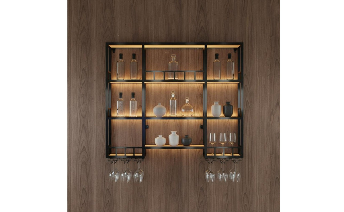 Industrials Spirits Bottle Display Wrought Iron Wall Mounted Vino and Glass Rack Saving Space Illuminated Bar Shelf for Restaurateurs